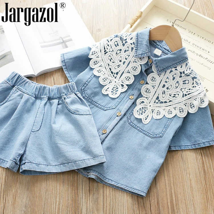 

Girls Jeans Clothes Set Denim Sport Clothes Set Blouse Shirt and Shorts 2 Pieces Children Clothing Suit Casual Outfits Drop Ship