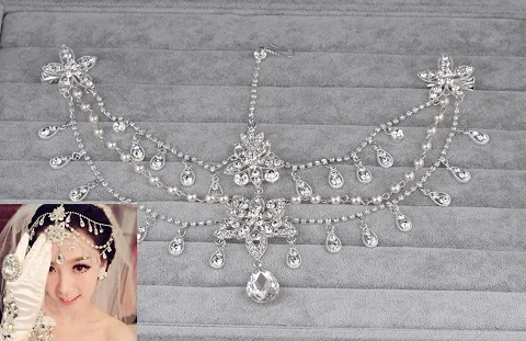 Joias de Perolas de noiva Casamento Coroa Tiara Cabeca Chains Liga Стразы enfetes de Cabelo Partido Crystal Cabelo манжета - Окраска металла: Fig