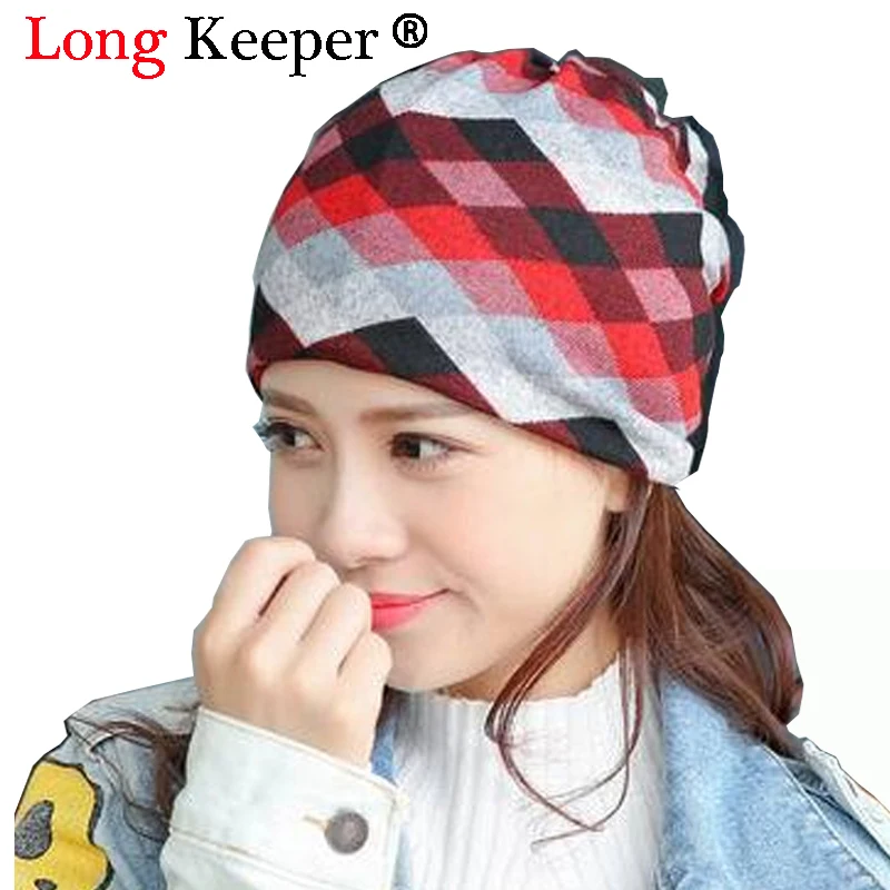 

Long Keeper Autumn Winter Grid Turban Hats Women Beanies Braga Cuello Hat Lattice Pile Caps Knit Girls Cotton Soft Bonnets