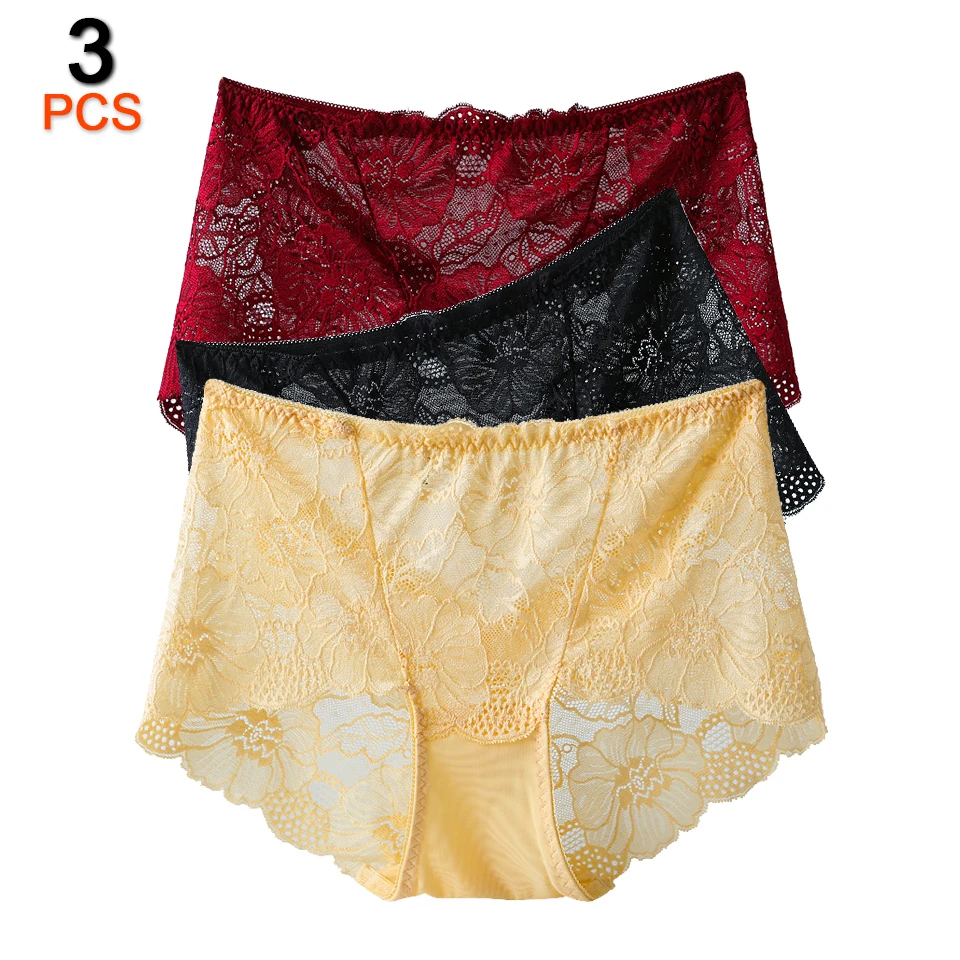 

3Pcs/Lot Large Size Panties Women High-Rise Sexy Lace Underwear Women Panties Female Flower Transparent Briefs Lingerie Ladys