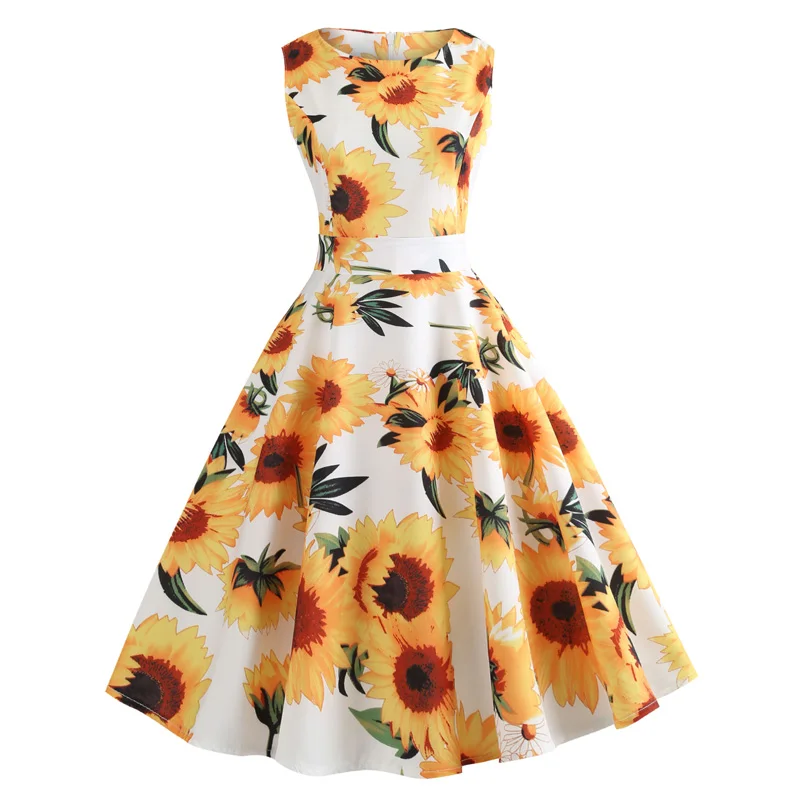 

Womens 50s 60s Vintage Sunflower Dress Evening Party Prom Swing Sleeveless Dress