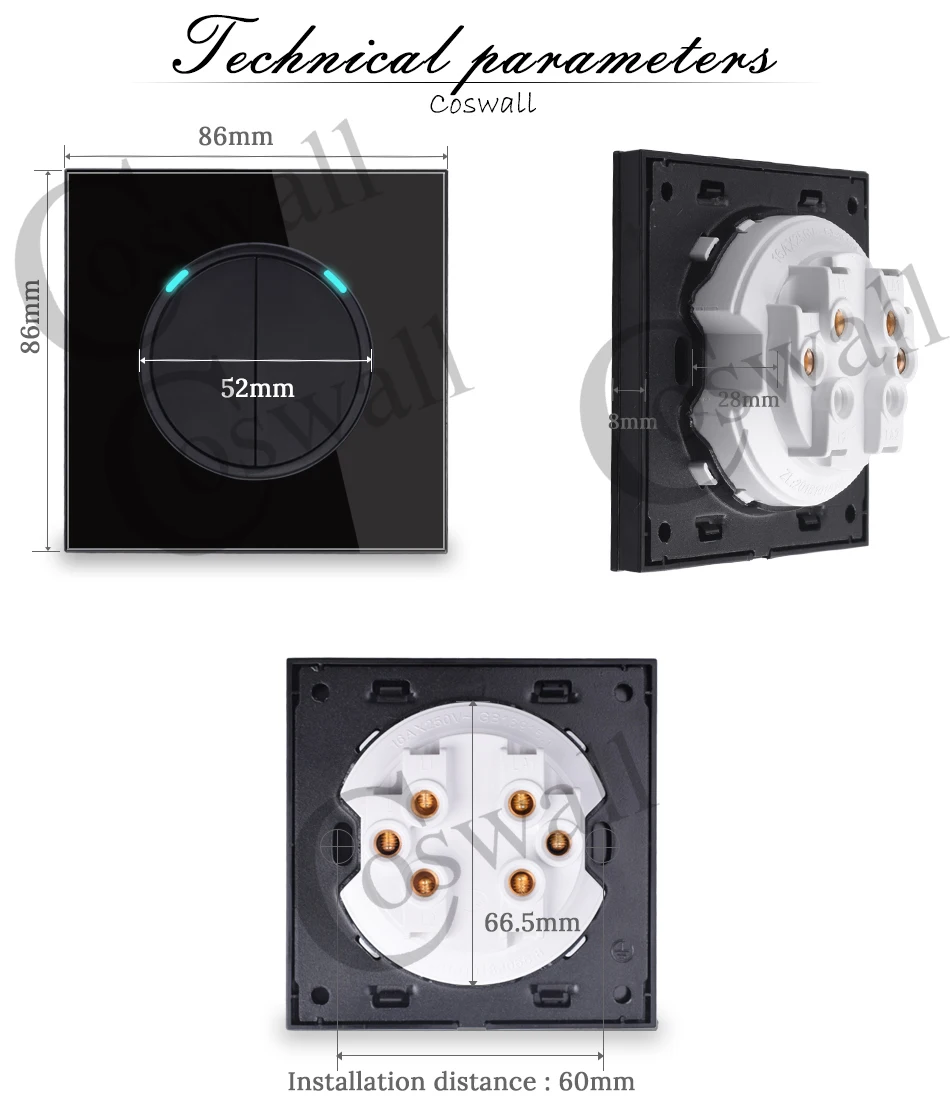 Coswall 2 банда 2 способа случайный щелчок вкл/выкл настенный светильник переключатель переключаемый светодиодный индикатор проходной переключатель черная стеклянная панель