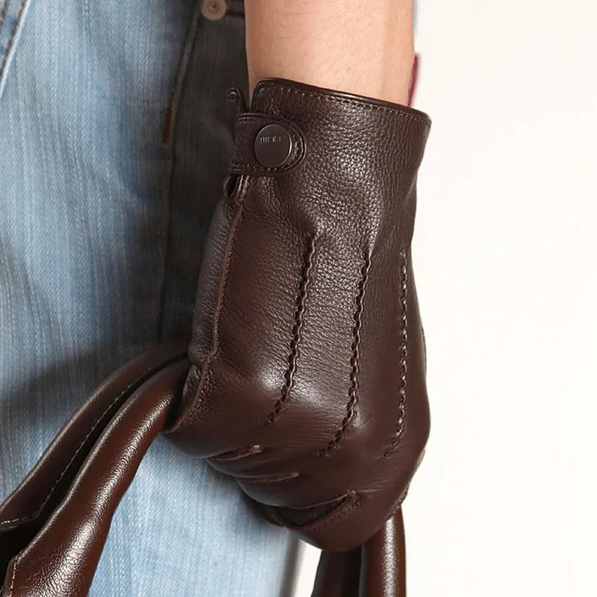 Fashion Luxury Men Deerskin Gloves Button Wrist Solid Genuine Leather Male Winter Driving Glove Em012wr