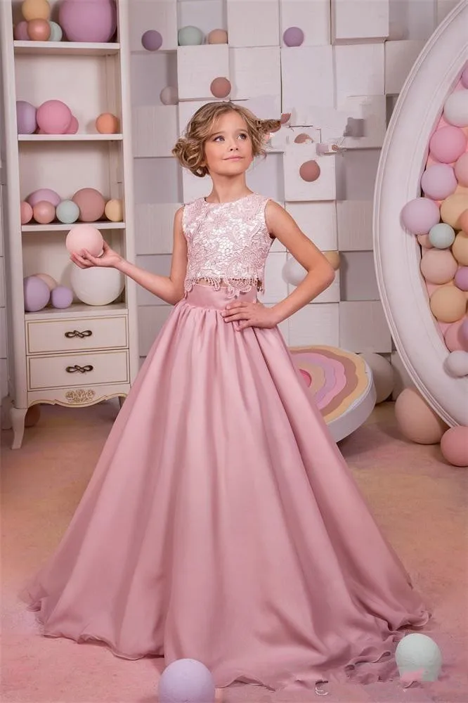 

New 2019 Girls Pageant Dresses Princess Chiffon Two Pieces Lace Appliques Blush Pink Kids Flower Girls Dress Ball Gown Cheap
