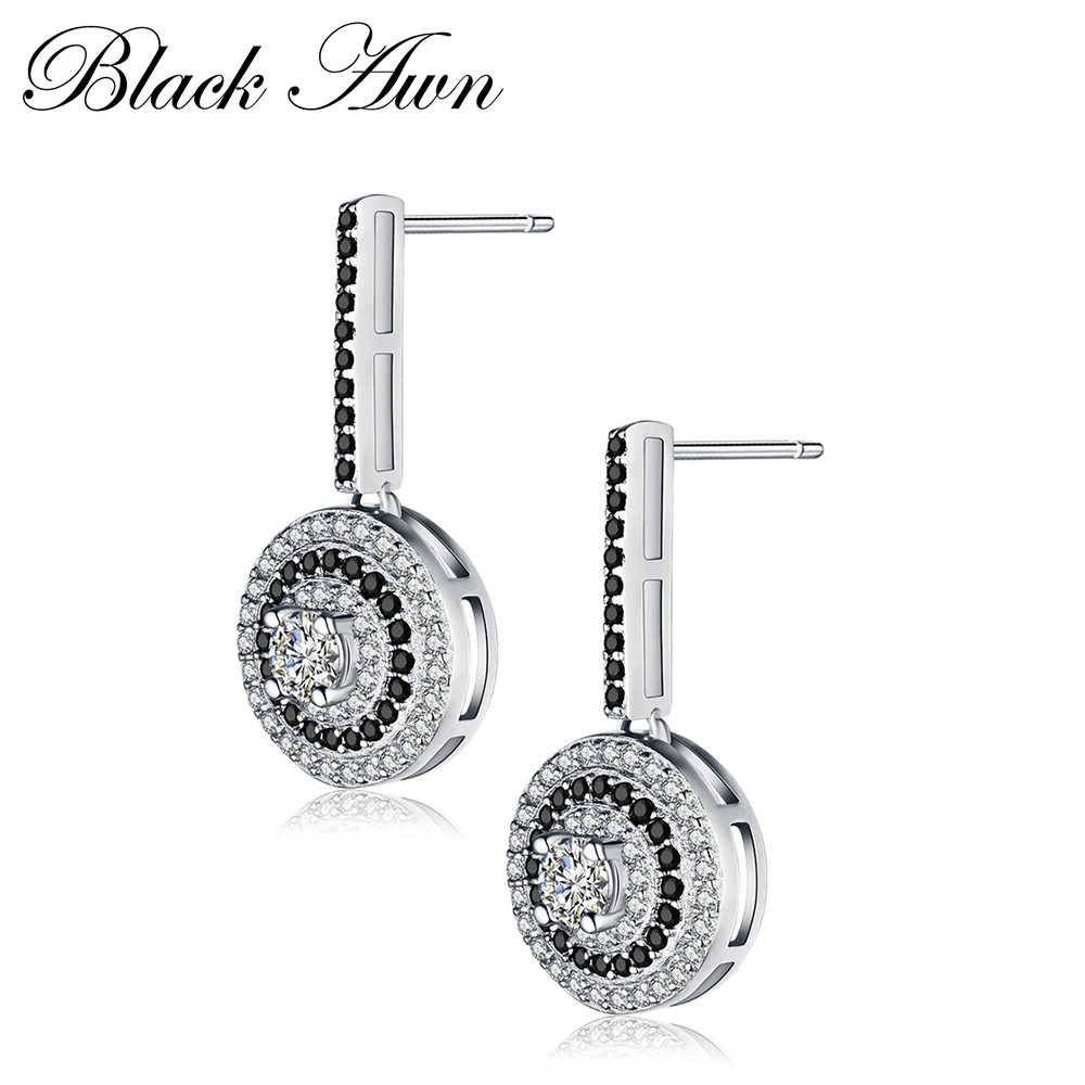 [BLACK AWN] Настоящее серебро 4,2 г, 925 пробы ювелирные изделия, свадебные круглые серьги-гвоздики для женщин, черная шпинель, женские серьги T005