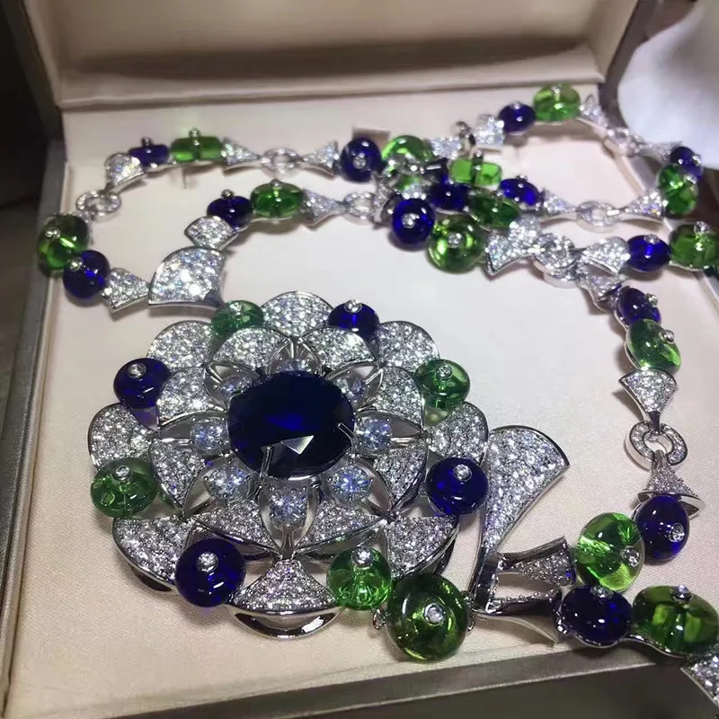 

Famous brand Copper Jewelry Cubic Zirconia Party big flower Necklace green blue bead sweater chain banquet dinner fan jewelry