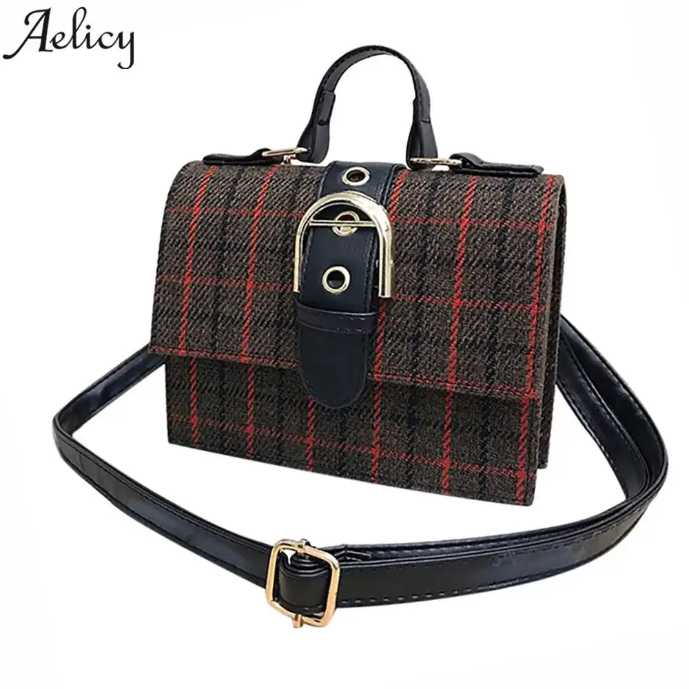 

Aelicy High Quality Shoulder Bags Small Casual Cross body Plaid Stripes Wool Belt Buckle Designer Handbags Messenger Bag Women