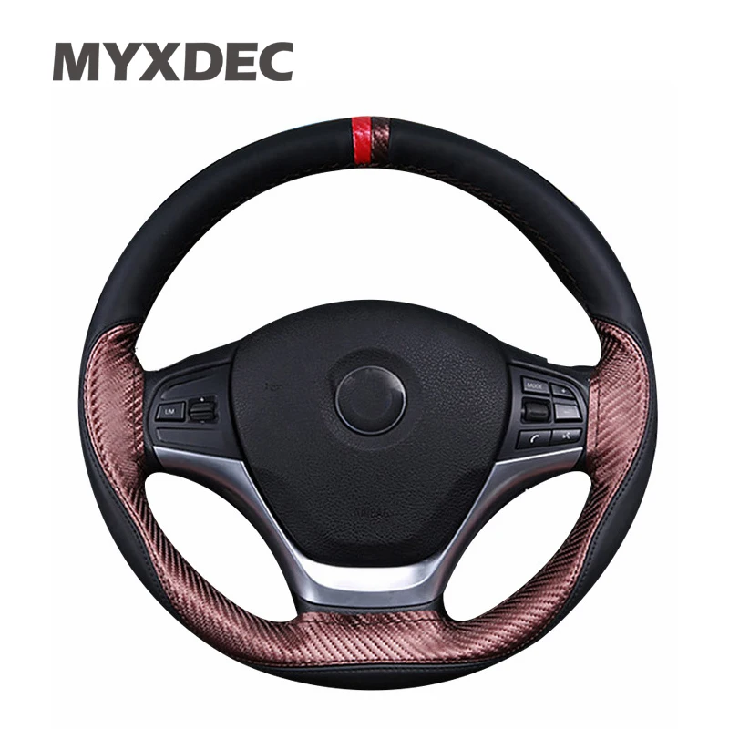 

2019 Genuine Soft Leather Steering Wheel Cover Carbon Fiber DIY Handmade Case With Needles and Thread Car Styling Accessories