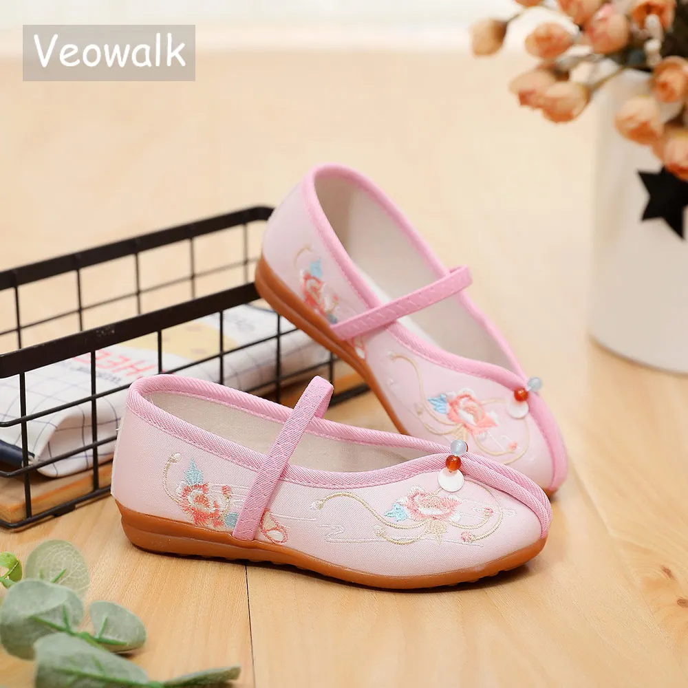 

Veowalk Chinese Style Little Girls Comfort Cotton Embroidered Ballet Flats Kids Soft Mary Janes Children School Dance Shoes
