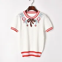 Весенне-летние женские новые тонкие топы с вышивкой и бантом, популярные цветные повседневные футболки с круглым вырезом и бисером, элегантные футболки