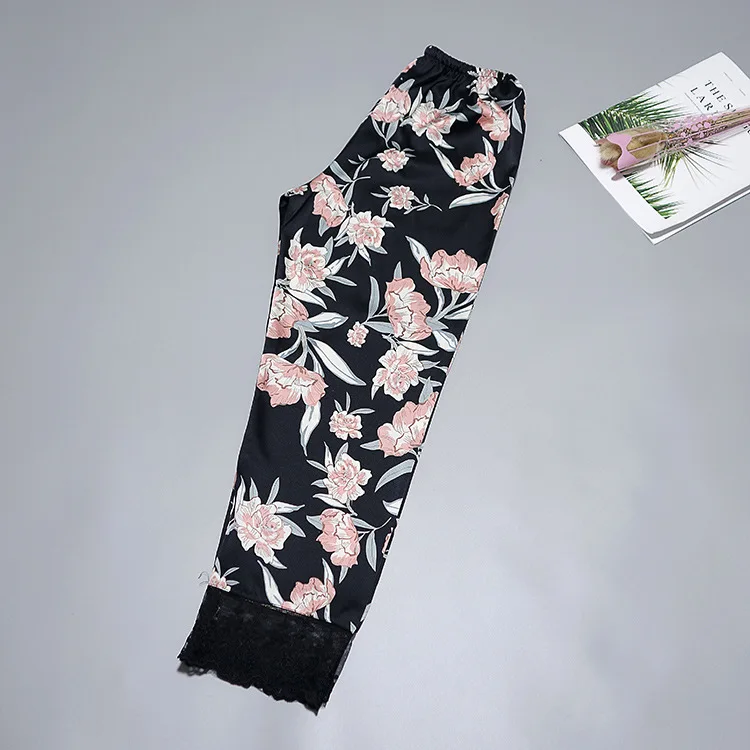Daeyard женские пижамные брюки весна лето шелковые цветочные брюки сексуальное кружевное ночное белье эластичный пояс атласные брюки элегантная домашняя одежда - Цвет: black