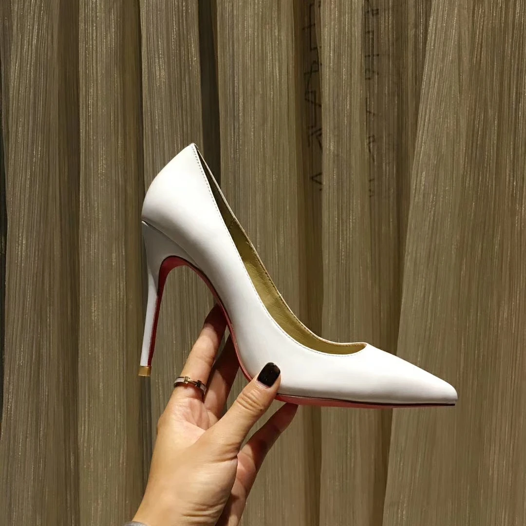 

Autumn New Women Genuine Leather Heels Luxury Shoes Red White Black Pointed Toe Pumb