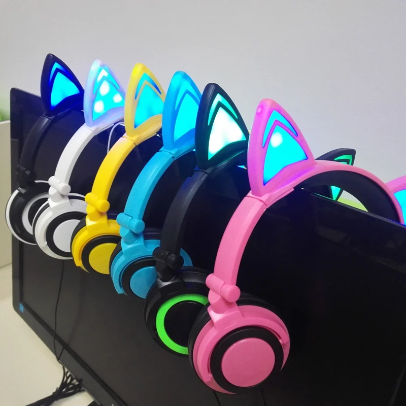 Glowing Cat Ear Earphone Headphones Gaming Headset with Foldable LED Light Foldable For PC Laptop Mobile Phone