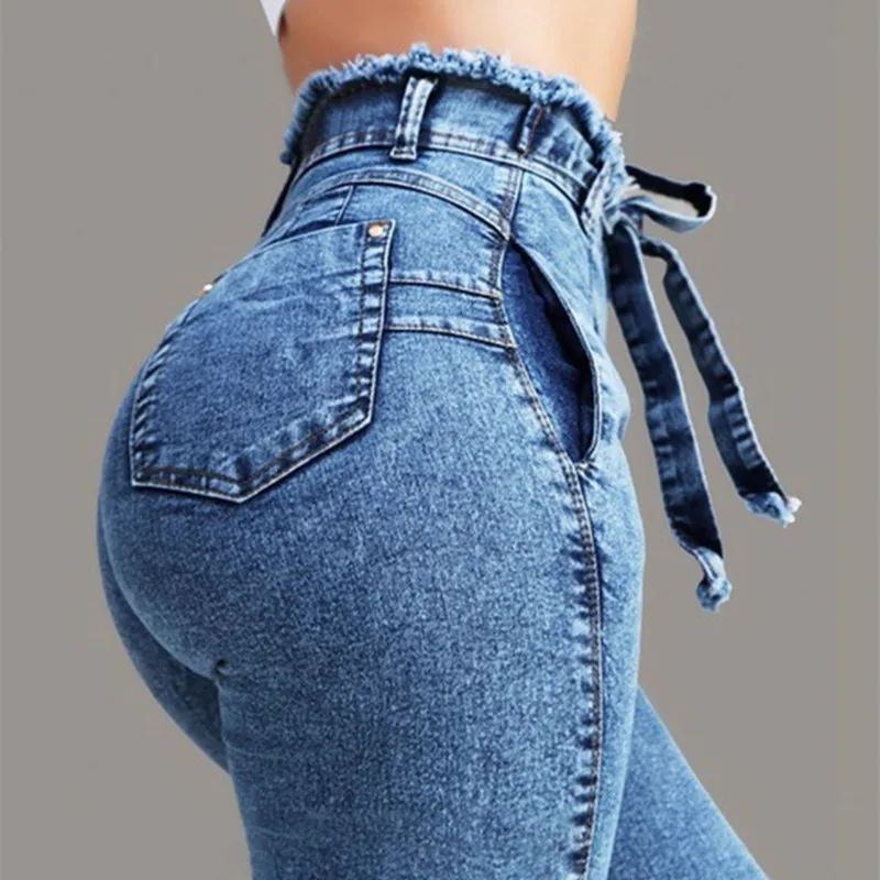 High Waist Jeans For Women Slim Stretch Denim Jean Bodycon Tassel Belt Bandage Skinny Push Up mom jeans ladies boyfriend jeans