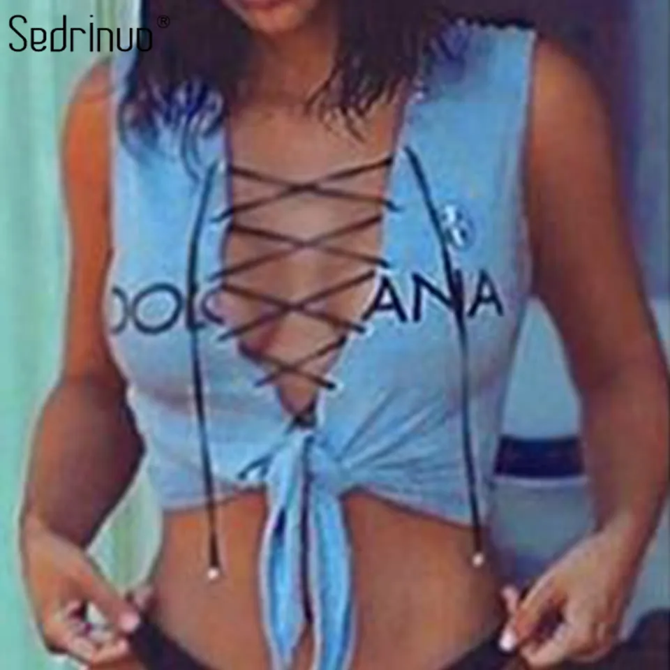 

Sedrinuo fashion lace up deep v neck letter tank top women crop tops 2017 casual t-shirt hot sexy women high quality blu tops