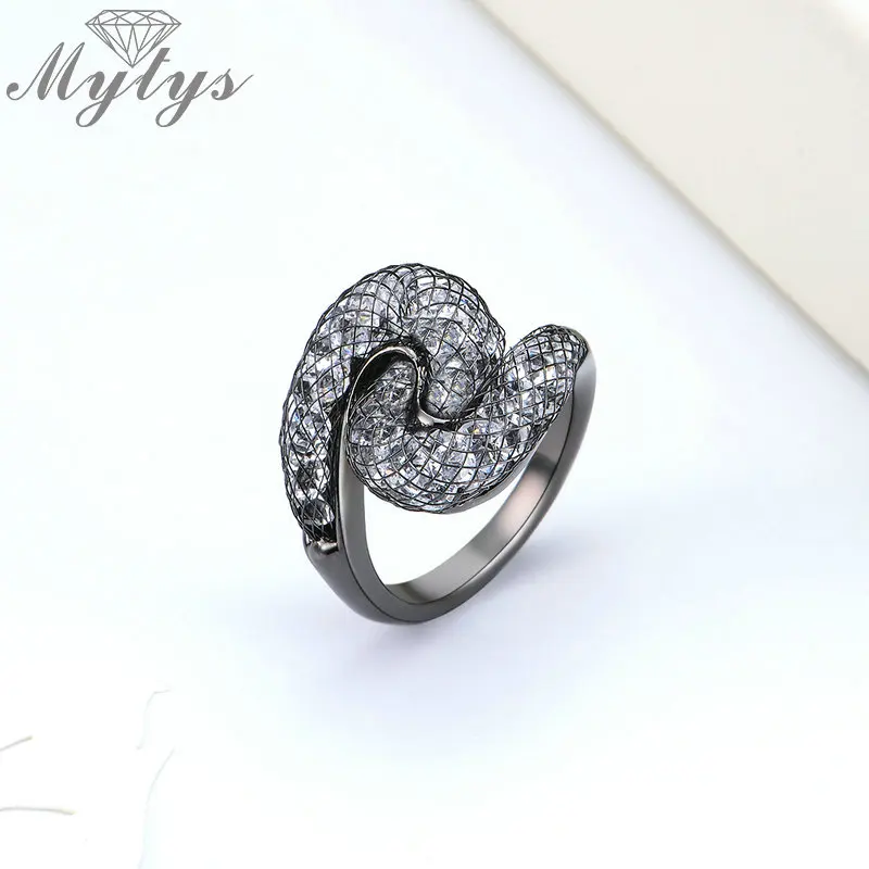 

Mytys Original Design Brand Ring Black Color Intertwined Wire Mesh Net Filled Crystal Ring for Women Fashion Trendy Rings R1871