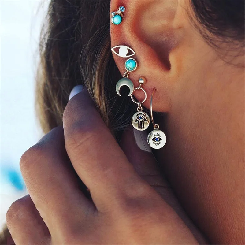 

Simple Trendy Gold Color Geometric Double eye moon hand Earrings For Women Lady Fashion Large Hollow Stud Earrings set Jewelry