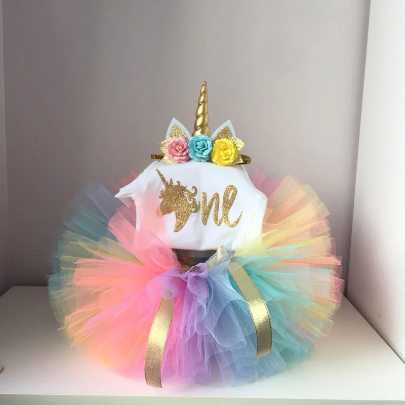 

It's My Baby Girl Clothes Rainbow Fairy Tutu Fluffy Summer Unicorn Party Tops with Headband Toddler Unicorn Dress for Halloween