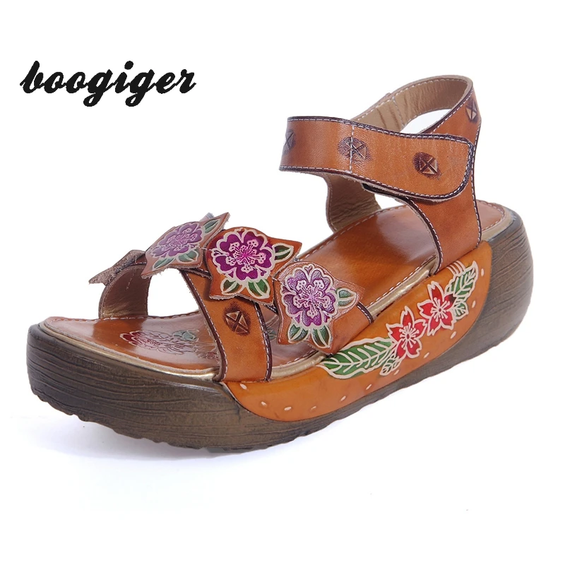 

Cheap New Retro High Quality of Handmade Womens Shoes Summer Flowers Genuine Leather Comfortable Fashion Women Sandals