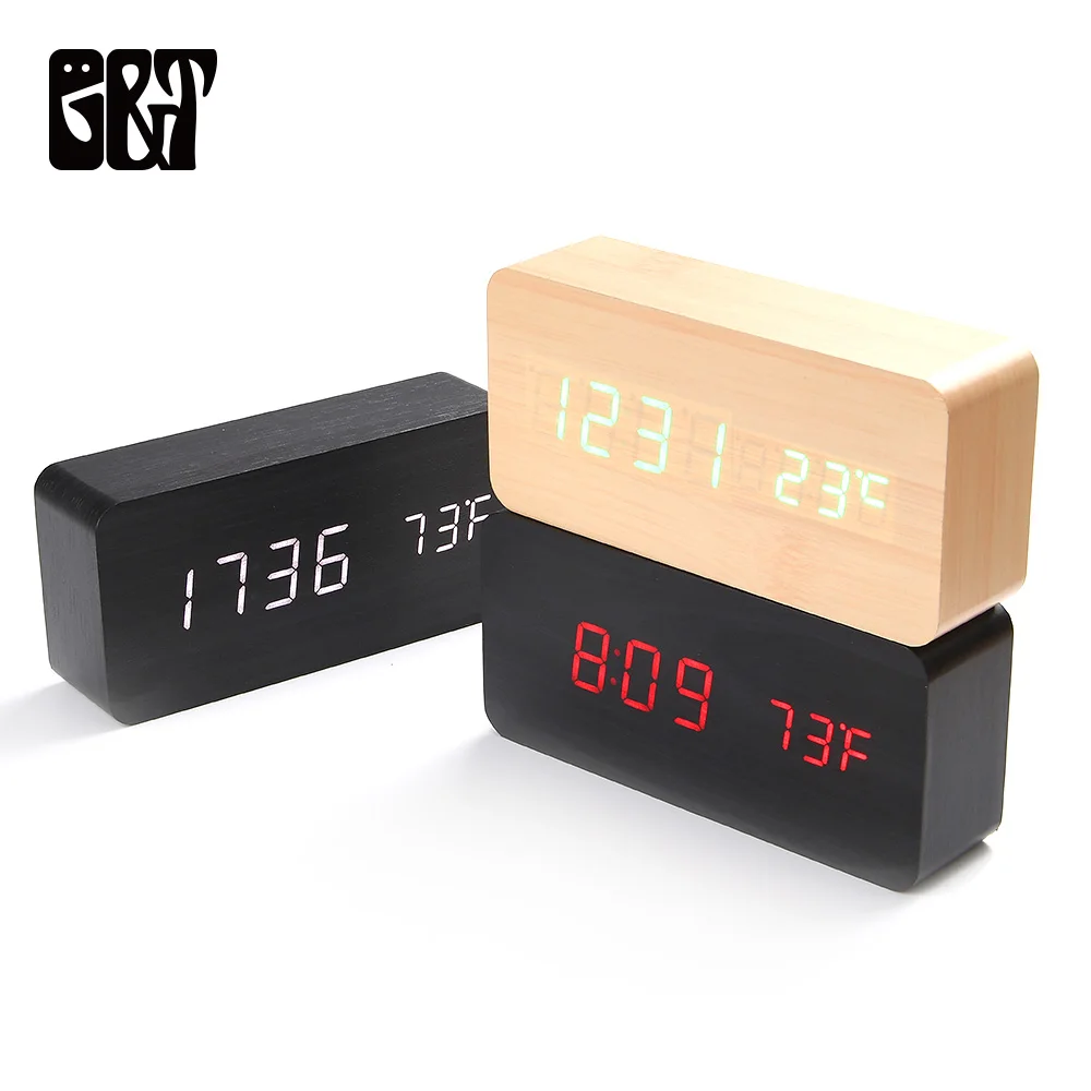 Wooden LED Alarm Clocks Morden Temperature Electronic Clock Sounds Control Digital Table Clock with Calendar for Bedroom Office Wooden LED Alarm Clocks Morden Temperature Electronic Clock Sounds Control Digital Table Clock with Calendar for Bedroom Office