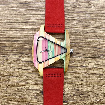 

New Fashion Wooden Womens Watches Creative Triangle Watch Case Simple Wristwatch Casual Genuine Leather Quartz Waterproof Watch