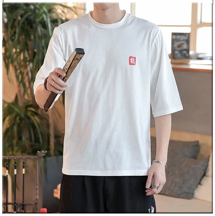 4441 летняя винтажная льняная футболка с принтом на спине размера плюс 4XL 5XL футболка с круглым вырезом и коротким рукавом для мужчин Ретро черная/белая/серая