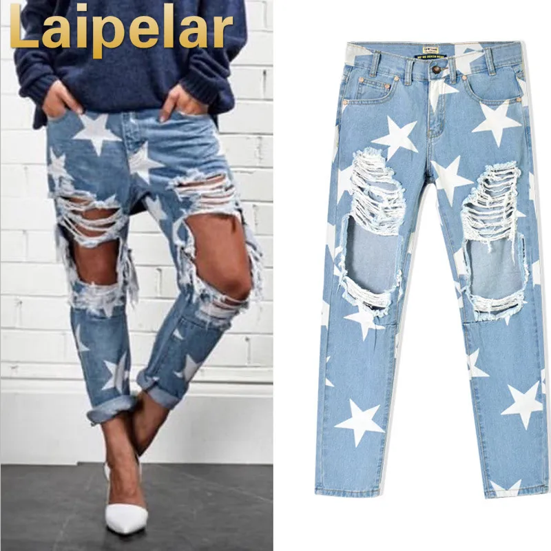 2021 New Women Print Five-Pointed Star Vintage Boyfriend Holes Ripped Jeans Trousers Female Denim Lady Pants queechalle 2021 spring autumn plaid suit jacket coat female back split formal workwear notched office lady coats women s blazer