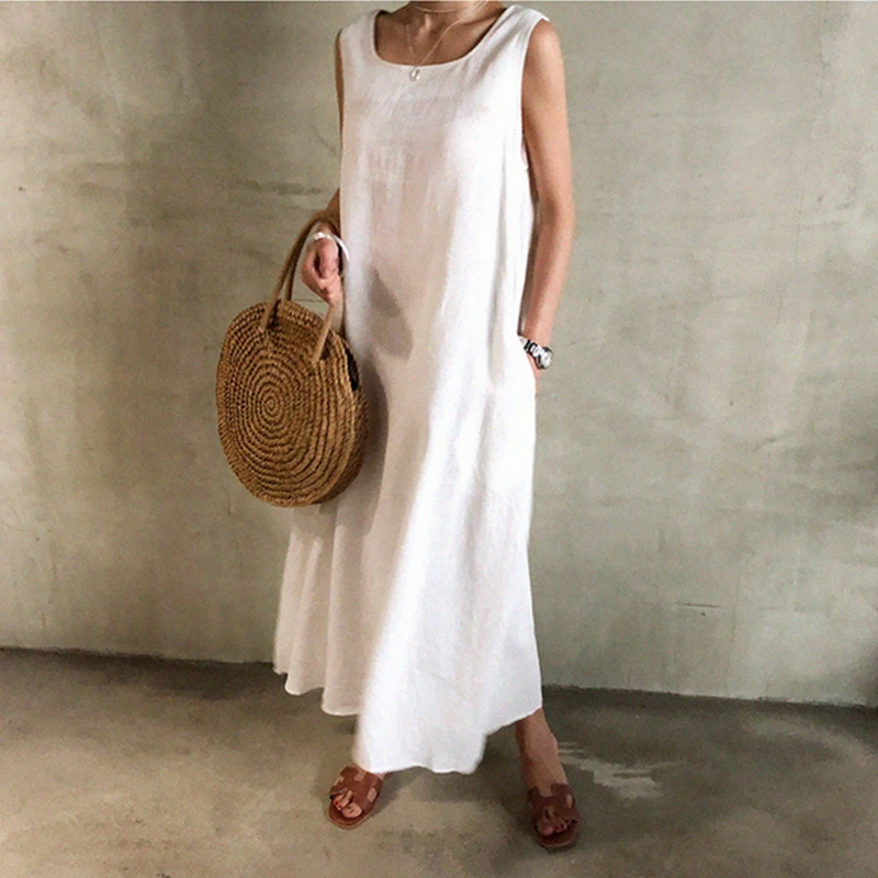 Blue Linen Blend Long Dress Women 