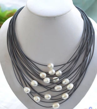 

$wholesale_jewelry_wig$ 15row 20" 12~13mm white rice pearl gray leather necklace