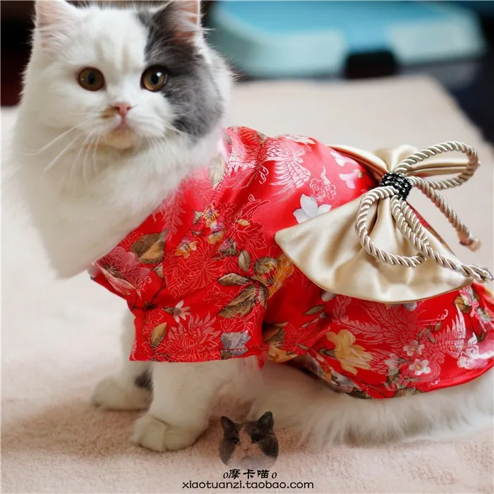 Цветочное японское платье для щенка, роскошное кимоно для собак и кошек, винтажное платье принцессы с большим бантом, свадебный костюм