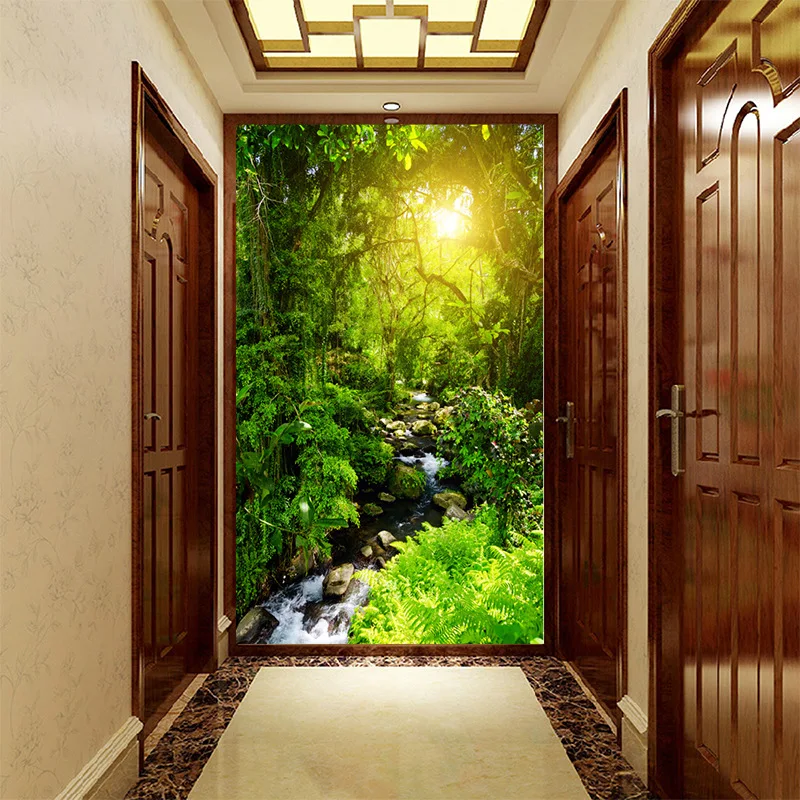 

3D Mould-proof Green forest with bright sunset and creek mural for corridor vestibule TV wall