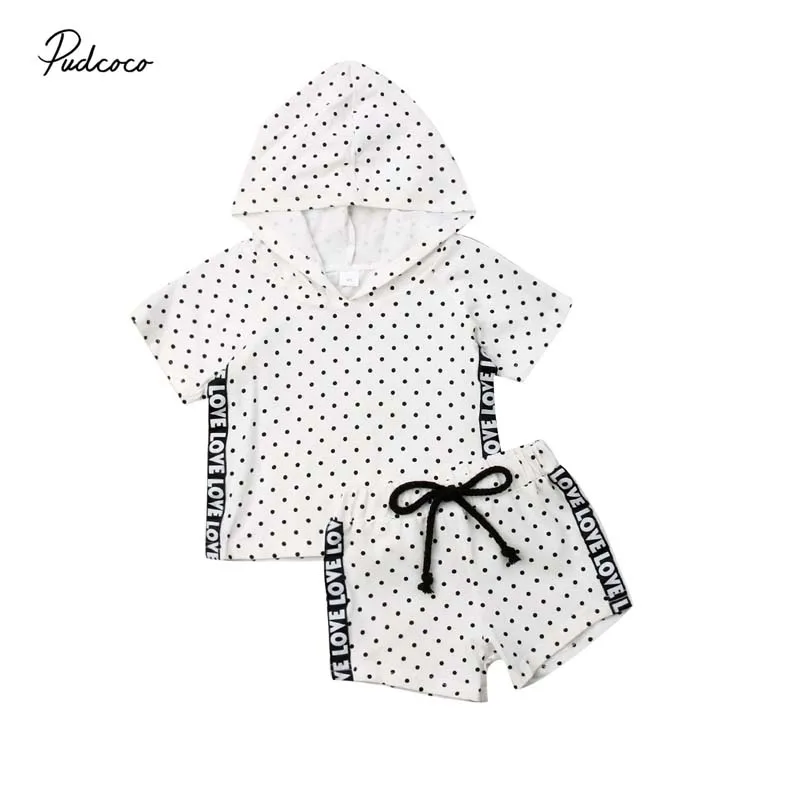 

2019 Brand Infanst Baby Girls Hooded T-shirt Tops Letter Side Pant Shorts Performance Clothes Dot 2Pcs Set New Fashion Tracksuit