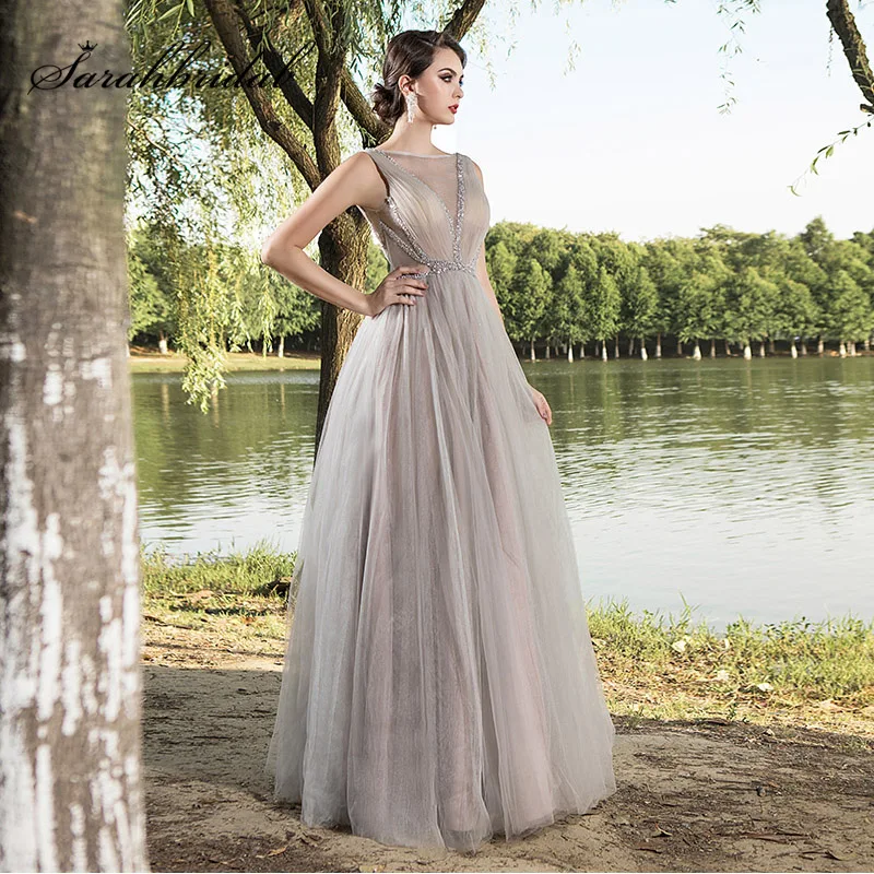 

New Arrival Tulle Celebrity Dresses 2020 Elegant Women Ball Gown Formal Gray Beading Party Gowns Customized Robe De Soiree L5515