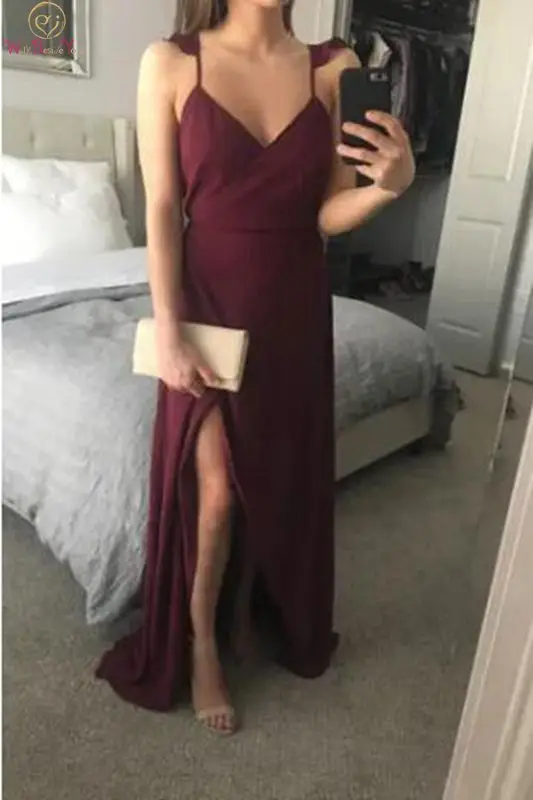 

2019 Simple Prom Dresses Sexy Chiffon Spaghetti Straps Split Front Floor Length Light V-neck Backless Hot Sale Evening Dresses