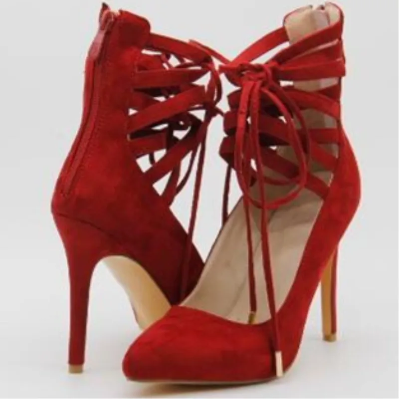 SHOFOO shoes, a beautiful sexy post free red cashmere leather, cross straps, tip, 11 cm high-heeled shoes. SIZE:34-45