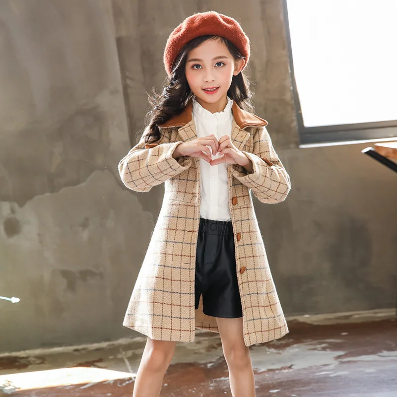 

Children's 2018 Winter New Pattern Girl Tartan Korean Western Style Single Row Buckle Long Loose Coat