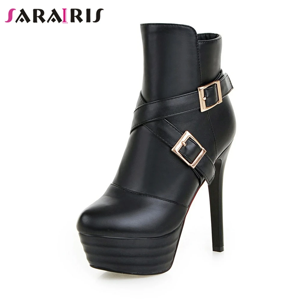 

SARAIRIS New Solid Thin High Heels Zip Belt Buckle Platform Shoes For Women Casual Winter Ankle Boots Large Size 31-45