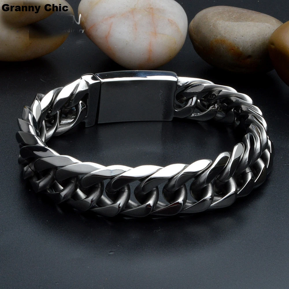 

Granny Chic Birthday Gift for Mens Silver Stainless Steel High Quality Curb Chain Heavy Wide Bracelet 14mm 8.66