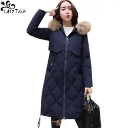 UHYTGF женщина зима вниз хлопковые пальто 2018 корейский длинный Для женщин куртки Большие Размеры Мода меховой воротник с капюшоном теплые