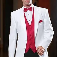 Мода стиль две кнопки Белый Жених Смокинги друзей жениха Мужские свадебные костюмы для выпускного вечера Жених(куртка+ брюки+ жилет+ галстук) K: 530