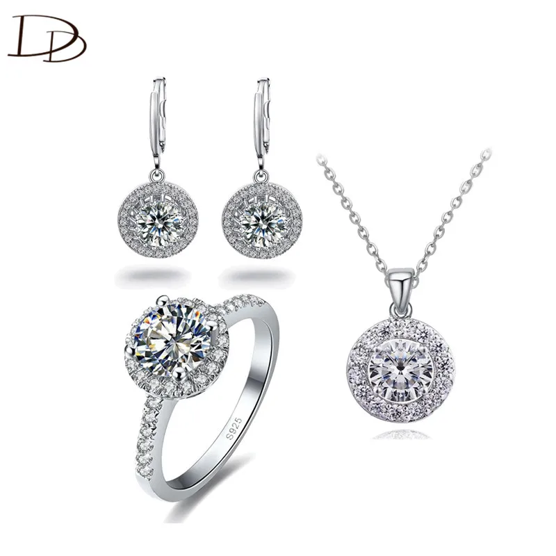 

DODO 925 Sterling Silver Jewelry Set Round Clear Austrian Crystal Drop Earrings Ring Necklace Wedding Sets For Women Gifts JS025