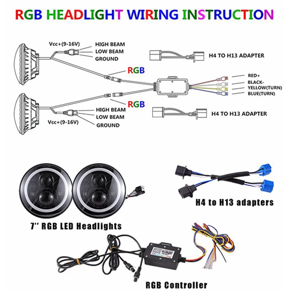 TNOOG 7 дюймов светодиодный фар RGB Halo Кольцо Ангельские глазки и янтарный поворота с