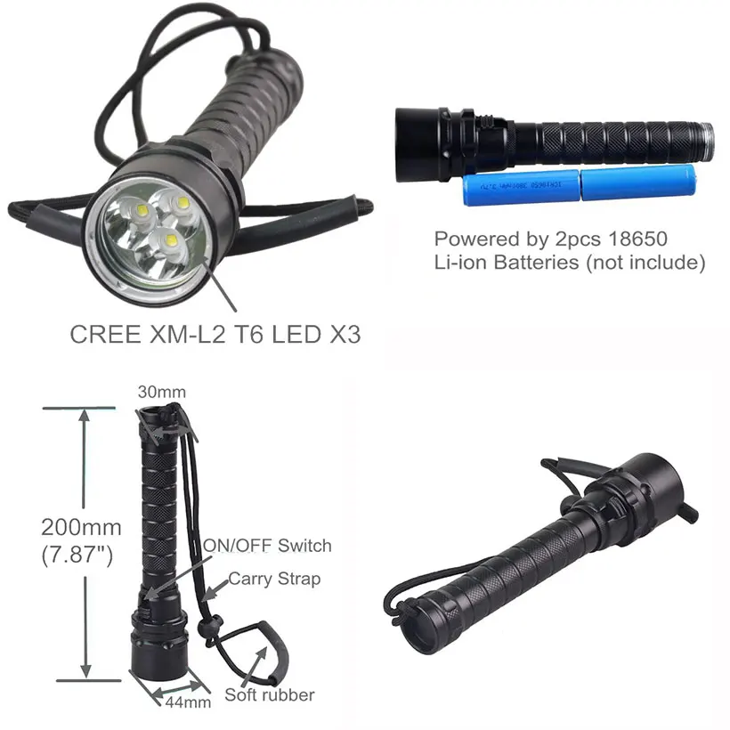Professional Diver Lamp 100M Underwater 6000LM CREE XM-L2 XML T6 LED White Yellow Light Scuba Diving Flashlight Torch