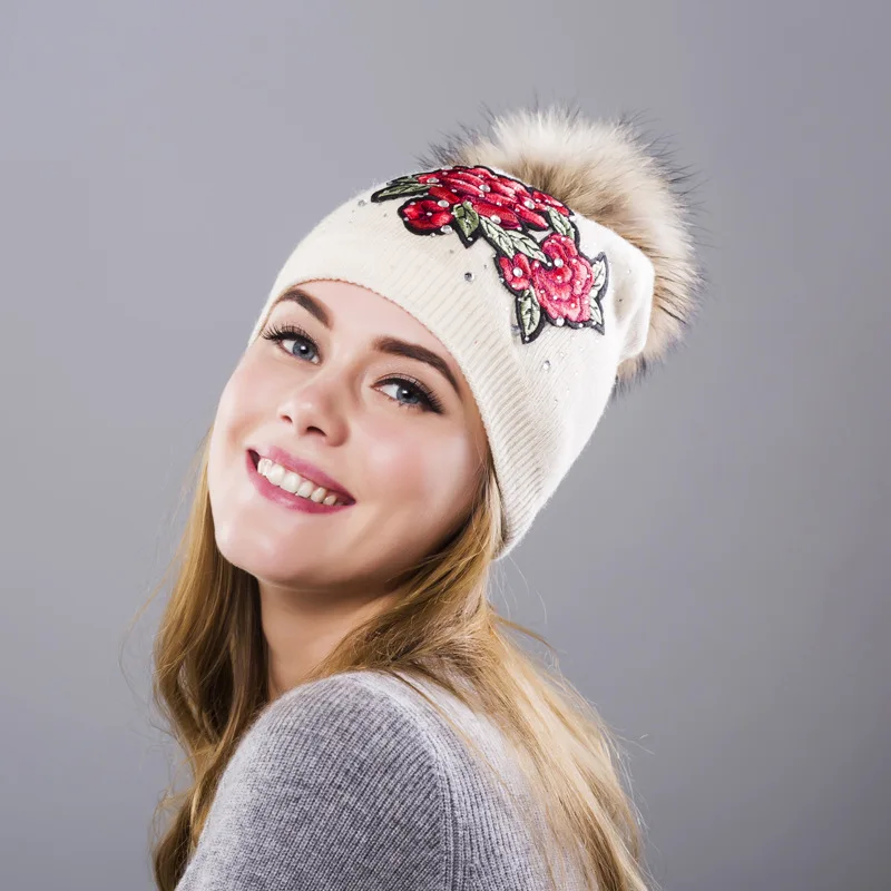Winter Hat Women Knit Beanie Warm Cap Wool Flower Real Raccoon Pom Pom Autumn Casual Outdoor Ski Skullies Snow Accessory (30)