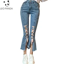 Весна Осень Новая Женская высокая Молния Fly на шнуровке ботильоны с кисточками штаны джинсы женские свободные расклешенные брюки удобные джинсы ZX948