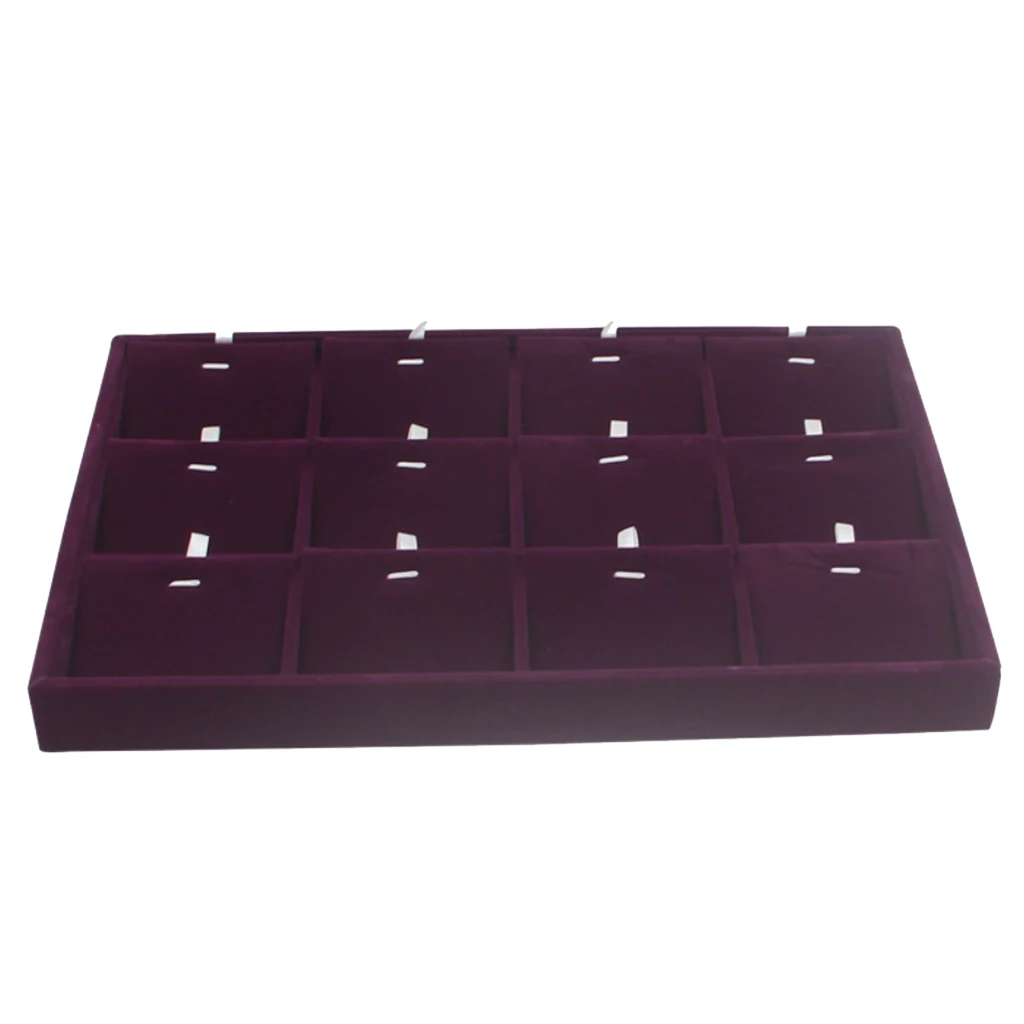 Multifunctional 12/24 Compartment Display Jewelry Showcase Tray Purple Velvet Removable Insert Pillow Card