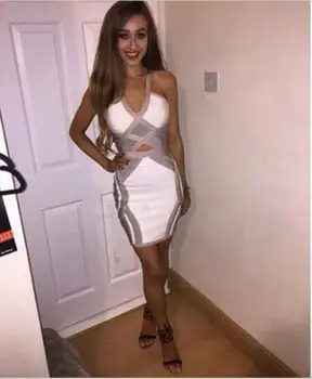 

New Top Quality HL White Gray Geometric Rayon Bandage Dress Celebrity Party Bodycon Dress
