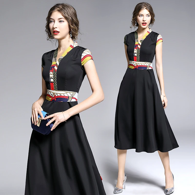 

Women's dress waist and long mid-length fashion slim black colorblock dress