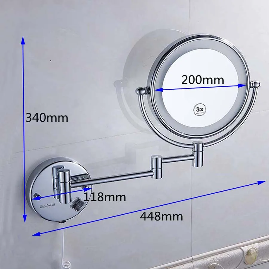 Латунный СВЕТОДИОДНЫЙ светильник, зеркало для ванной комнаты, 8 дюймов, Круглые, двойные стороны, 3X/5X, ванная комната, косметическое настенное крепление, увеличительное зеркало Shengweisi F