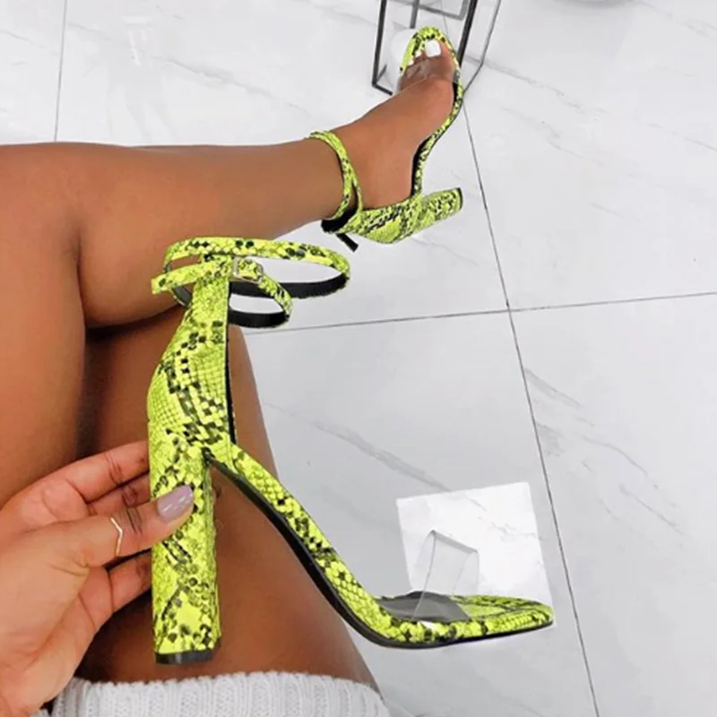 

New PU Gladiator Sandals Women Summer Square Heels Buckle Strap Sexy Sandals Shallow Snake Pattern Round Toe Green Black Shoes